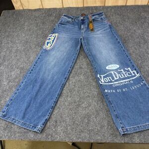 Y2K boho Von Dutch Originals Blue Wash Wide Leg Jeans Size 29 Embroidered Logo
